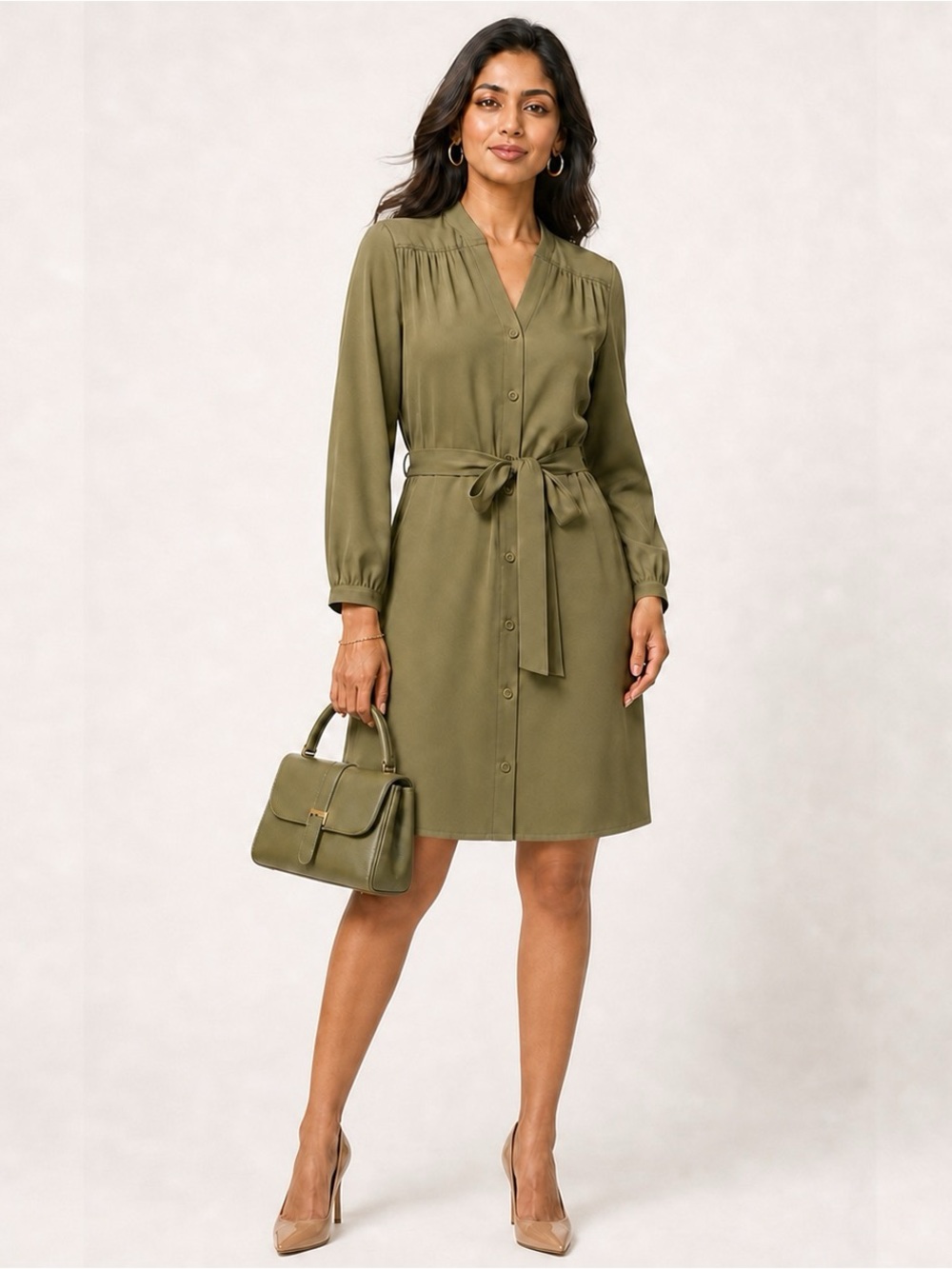 LOGO by Lori Goldstein Elegant Olive Green Shirt Dress